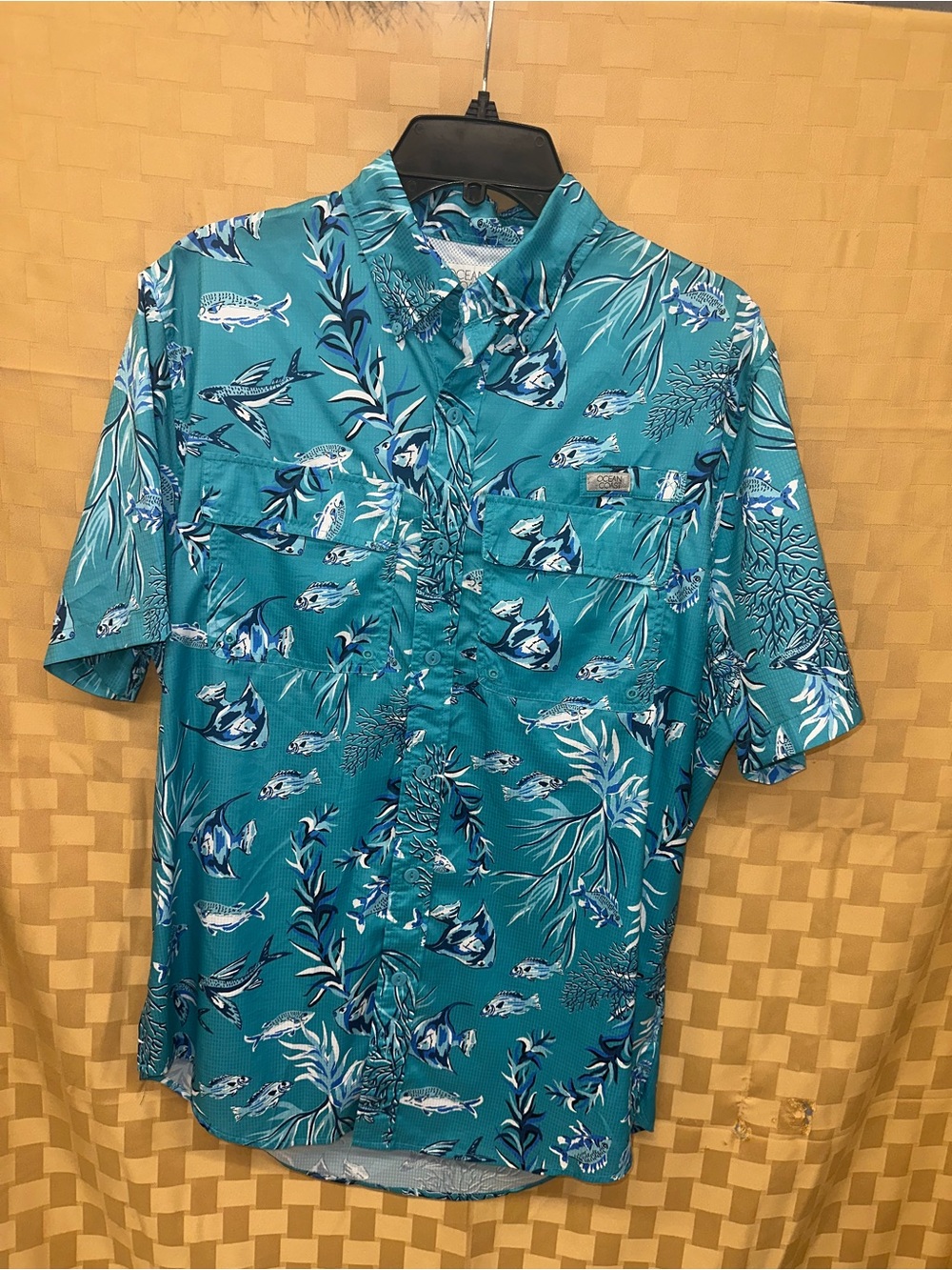 Men's Teal Short-Sleeve Tropical Button-Down Shirt